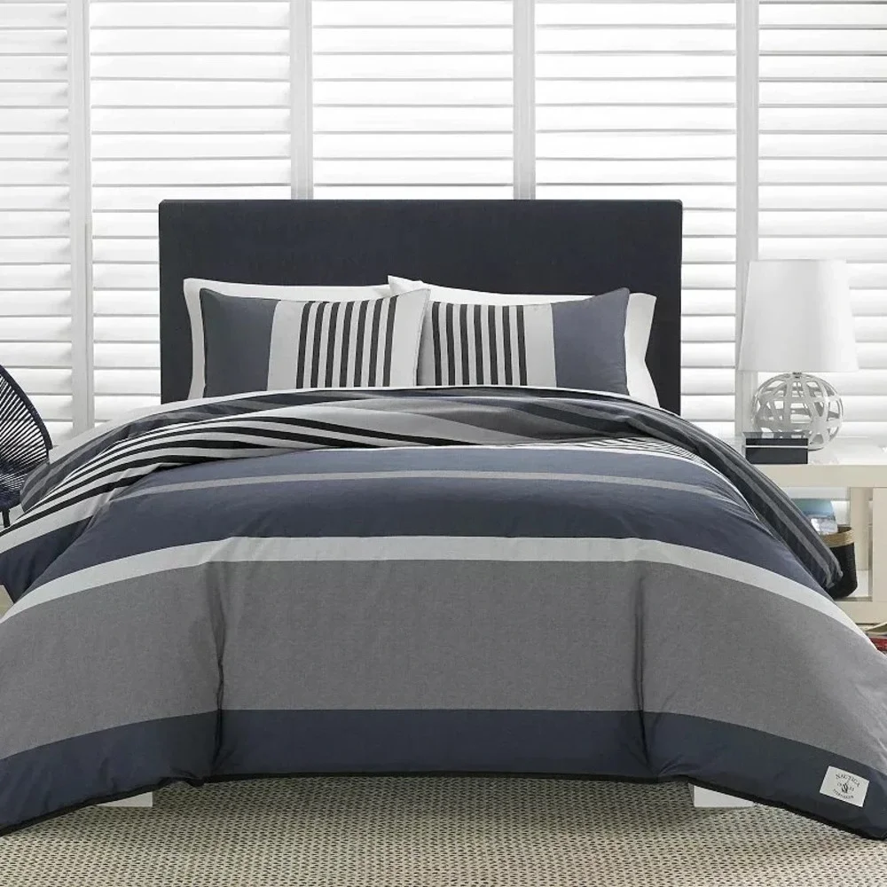 Nautica Home Rendon KING Size Duvet Cover‎ & Pillow Sham Set Grey/Navy NEW